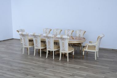 European Furniture Valentina 11pc Dining Table Set in Beige with Gold Leaf