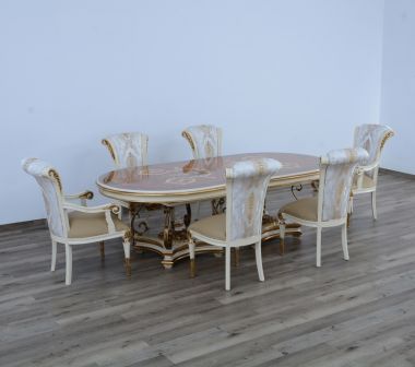 European Furniture Valentina 7pc Dining Table Set in Beige with Gold Leaf