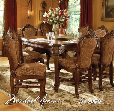 AICO 9pc Windsor Court Gathering Counter Height Table Set in Vintage Fruitwood Finish