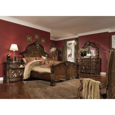 AICO 4pc Windsor Court Queen Size Bedroom Set in Vintage Fruitwood Finish