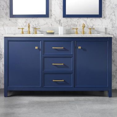 Legion Furniture 60" Blue Finish Double Sink Vanity Cabinet with Carrara White Top -WLF2160D-B
