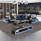 European Furniture Lightsaber LED Sectional in Dual Recliners Black White Italian Leather