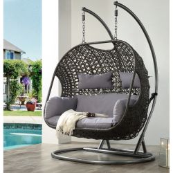 ACME Vasta Patio Swing Chair with Stand, Fabric & Wicker